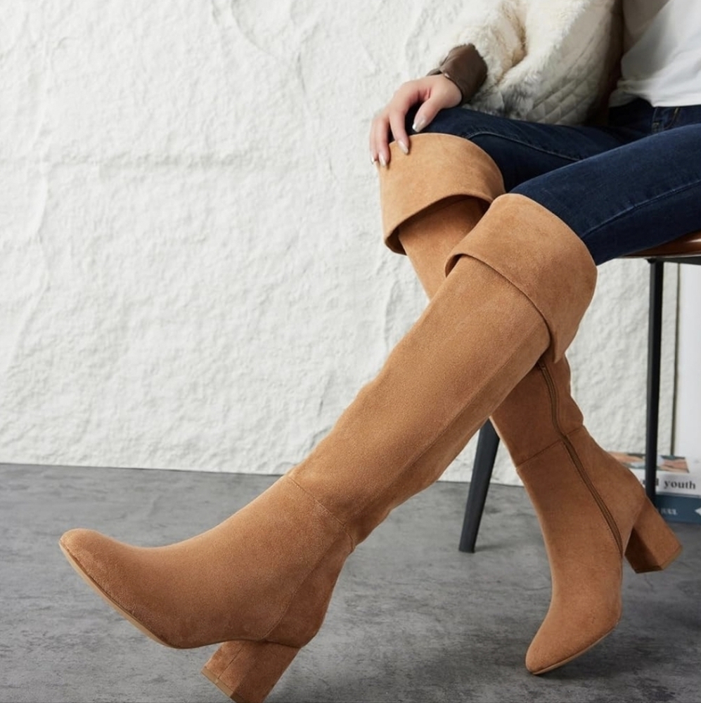 Putu Women's Thigh High Boots Block Heel Boots Over the Knee Faux Suede Tall Boo